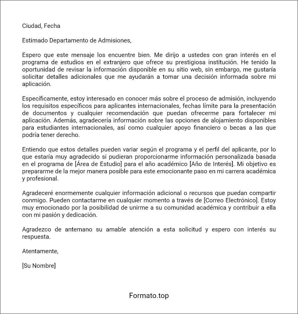 Carta de solicitud de información sobre un programa de estudios en el extranjero plantilla