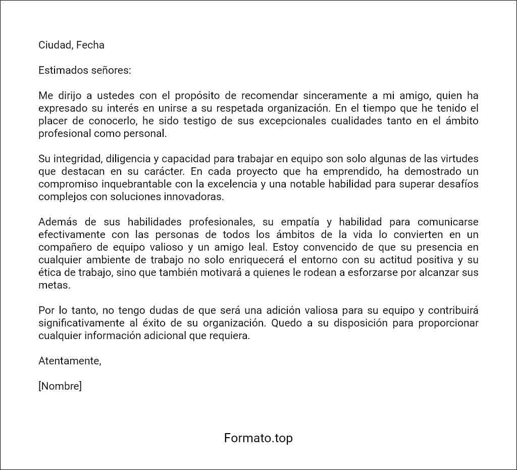 formato recomendado para una Carta de recomendación personal de un amigo