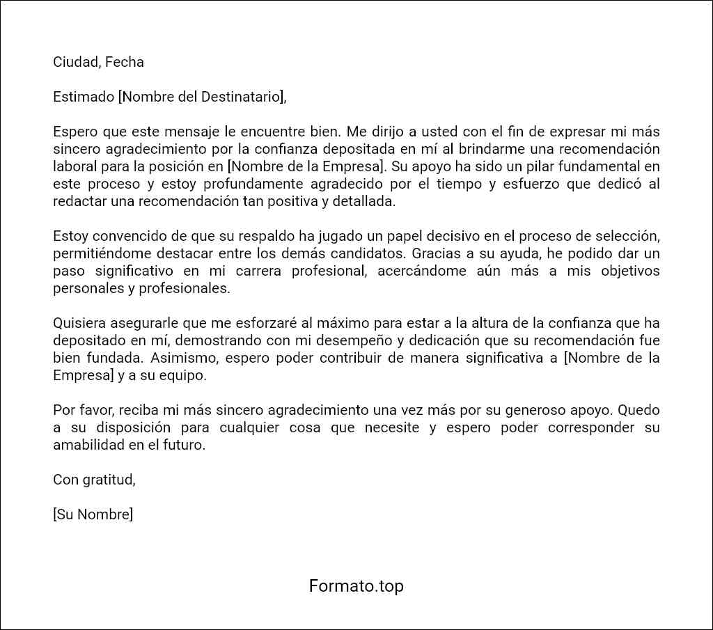 Carta de agradecimiento por una recomendación laboral plantilla