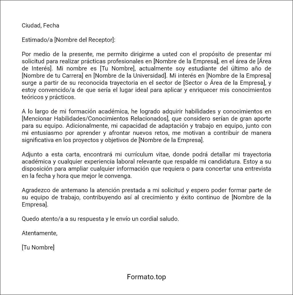 formato recomendado para una Carta de presentación de una solicitud de prácticas profesionales