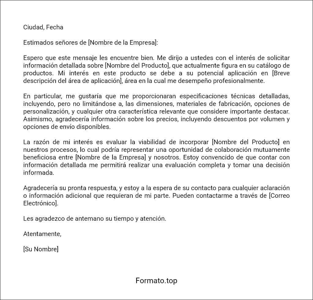 Carta de solicitud de información sobre un producto ejemplos