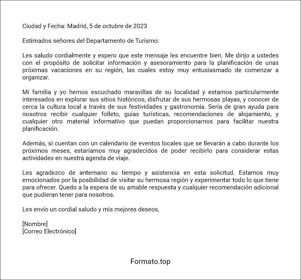 Carta de solicitud de información turística formato